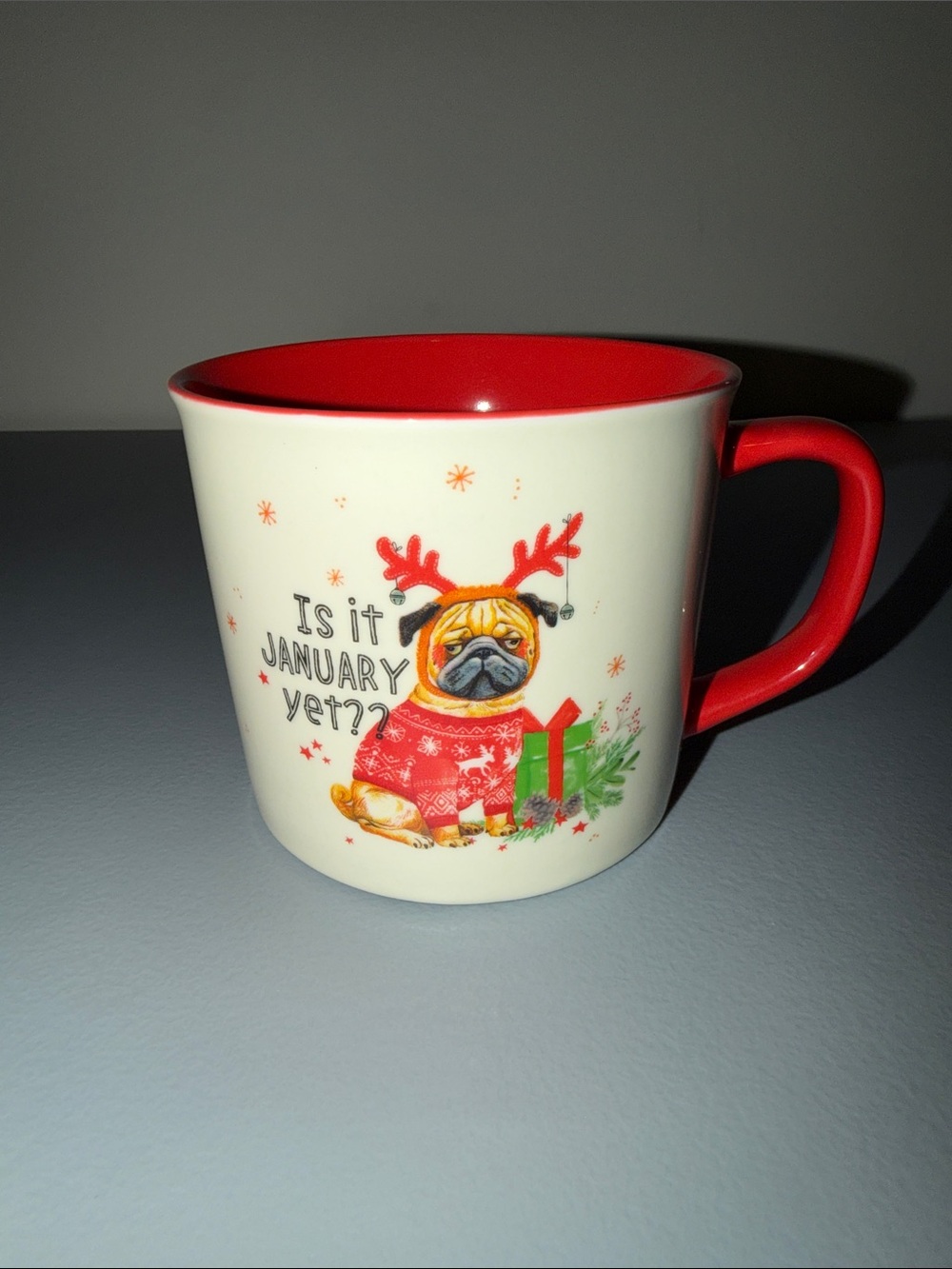 Holiday Pug Coffee Mug in Red and White
